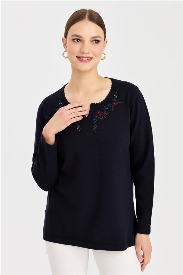 Kadın Sıfır Yaka Kenarı Dantel İşlemeli Yün Kazak K.Lacivert