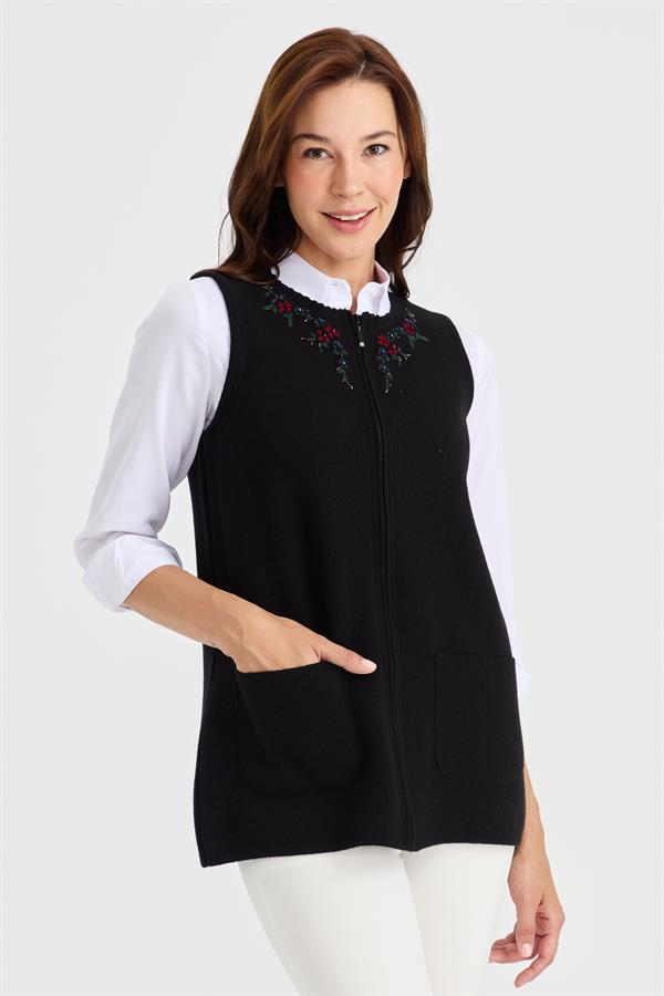 Женский шерстяной жилет с кружевной вышивкой и нулевым воротником