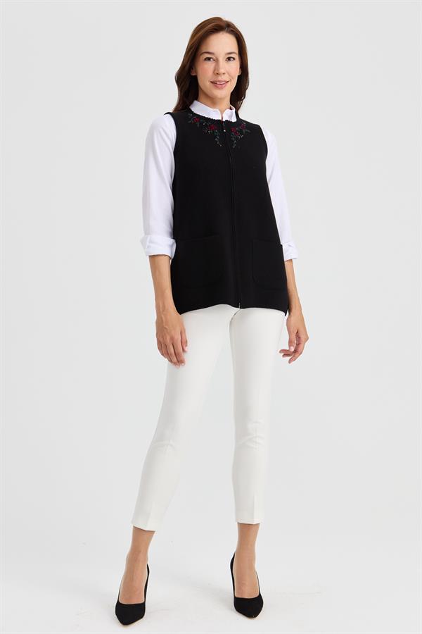 Женский шерстяной жилет с кружевной вышивкой и нулевым воротником