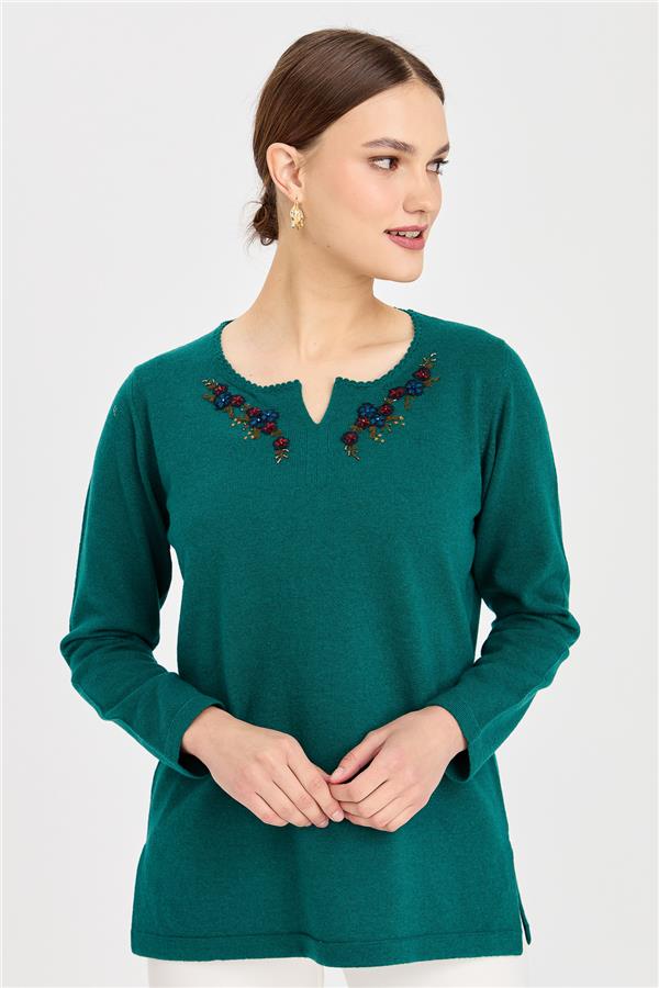 Kadın Sıfır Yaka Kenarı Dantel İşlemeli Yün Kazak K.Ö.başı