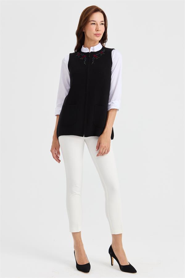 Женский шерстяной жилет с кружевной вышивкой и нулевым воротником