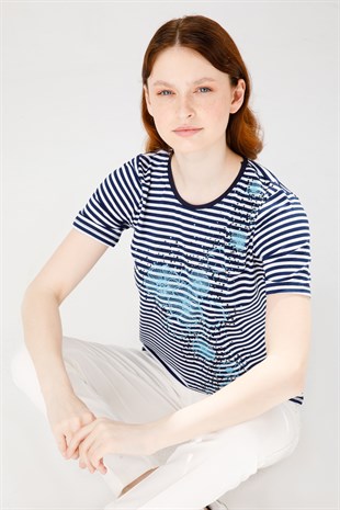 Kadın Sıfır Yaka Kısa Kol Çiçek Baskılı Çizgili Penye Bluz Lacivert