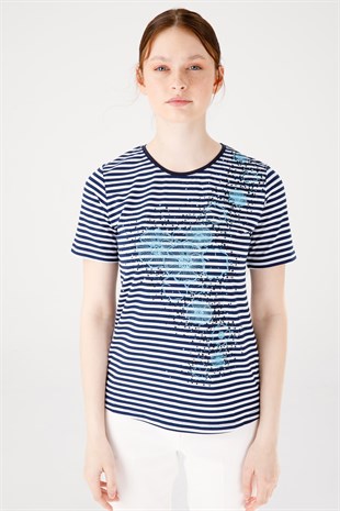 Kadın Sıfır Yaka Kısa Kol Çiçek Baskılı Çizgili Penye Bluz Lacivert