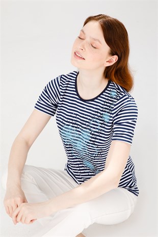 Kadın Sıfır Yaka Kısa Kol Çiçek Baskılı Çizgili Penye Bluz Lacivert