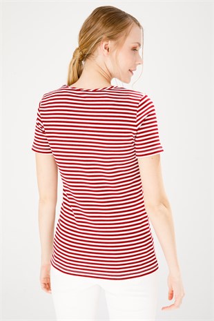 Kadın Sıfır Yaka Kısa Kol Çizgili Pamuklu T-Shirt Kırmızı