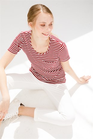 Kadın Sıfır Yaka Kısa Kol Çizgili Pamuklu T-Shirt Kırmızı