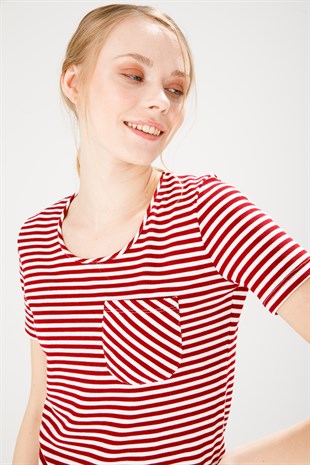 Kadın Sıfır Yaka Kısa Kol Çizgili Pamuklu T-Shirt Kırmızı