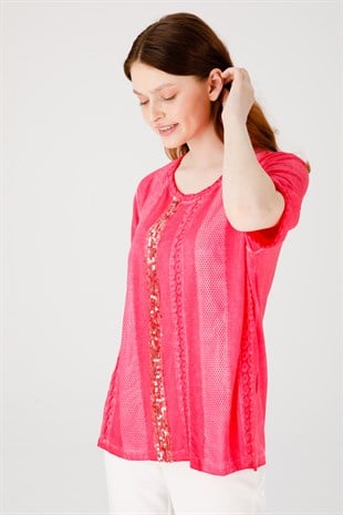 Kadın Sıfır Yaka Kısa Kol Deri İşlemeli Penye Bluz Fuşya