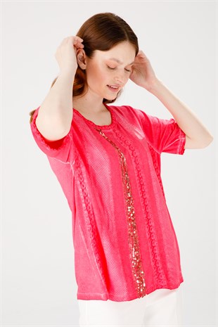 Kadın Sıfır Yaka Kısa Kol Deri İşlemeli Penye Bluz Fuşya