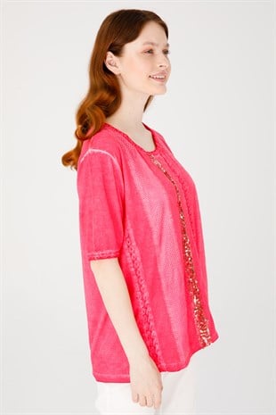 Kadın Sıfır Yaka Kısa Kol Deri İşlemeli Penye Bluz Fuşya
