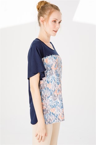 Kadın Sıfır Yaka Kısa Kol Desenli Penye Bluz Lacivert