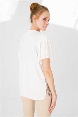 Kadın Sıfır Yaka Kısa Kol Desenli Penye Bluz Kemik