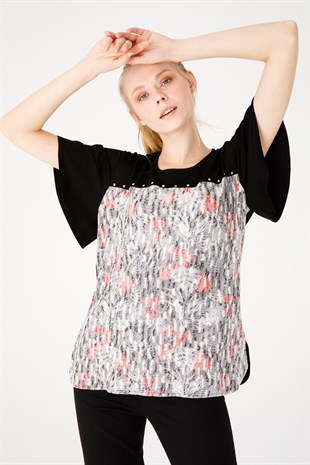 Kadın Sıfır Yaka Kısa Kol Desenli Penye Bluz Siyah