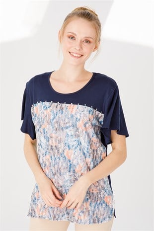 Kadın Sıfır Yaka Kısa Kol Desenli Penye Bluz Lacivert