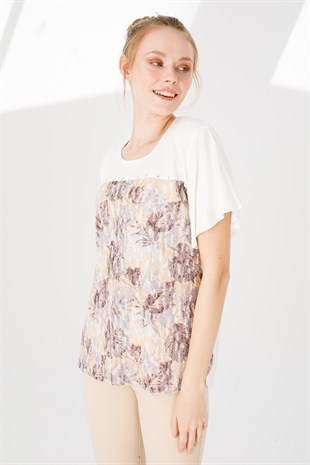 Kadın Sıfır Yaka Kısa Kol Desenli Penye Bluz Kemik