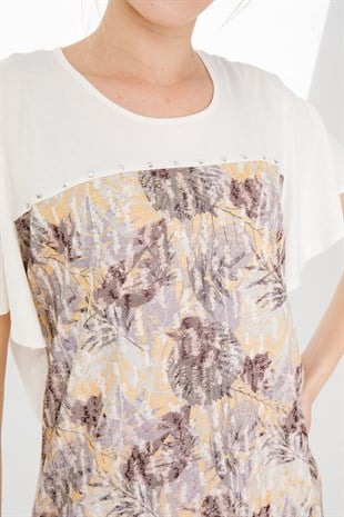 Kadın Sıfır Yaka Kısa Kol Desenli Penye Bluz Kemik