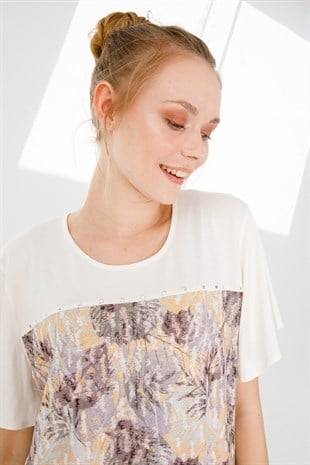 Kadın Sıfır Yaka Kısa Kol Desenli Penye Bluz Kemik