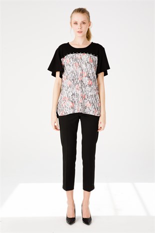 Kadın Sıfır Yaka Kısa Kol Desenli Penye Bluz Siyah