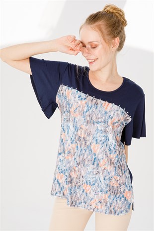 Kadın Sıfır Yaka Kısa Kol Desenli Penye Bluz Lacivert