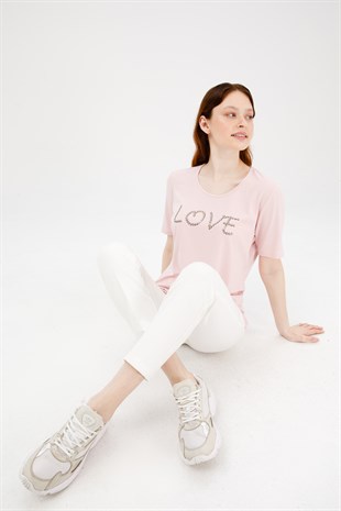 Женская трикотажная футболка с надписью Love с круглым вырезом и коротким рукавом пудрового цвета