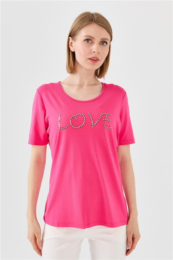 Женская футболка из хлопка с круглым вырезом, короткими рукавами и надписью Love, фуксия