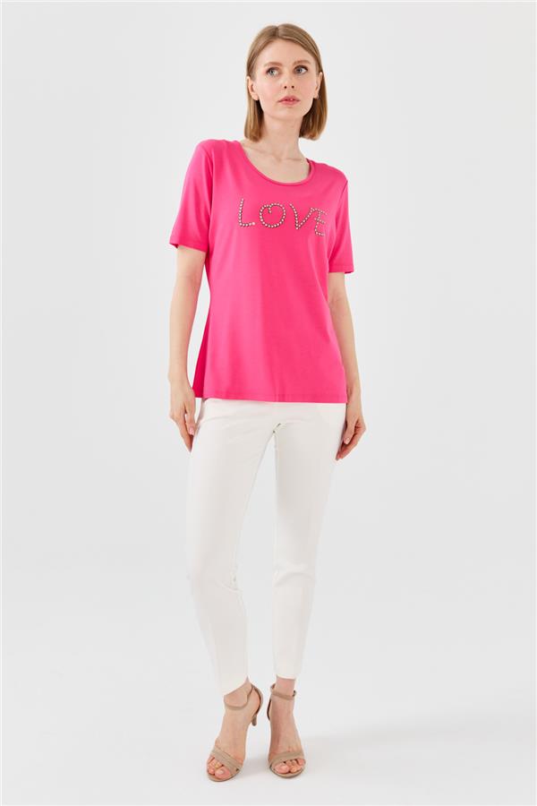 Женская футболка из хлопка с круглым вырезом, короткими рукавами и надписью Love, фуксия