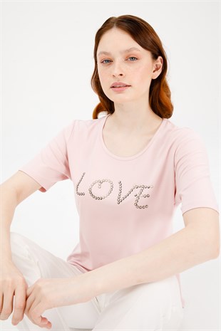 Женская трикотажная футболка с надписью Love с круглым вырезом и коротким рукавом пудрового цвета