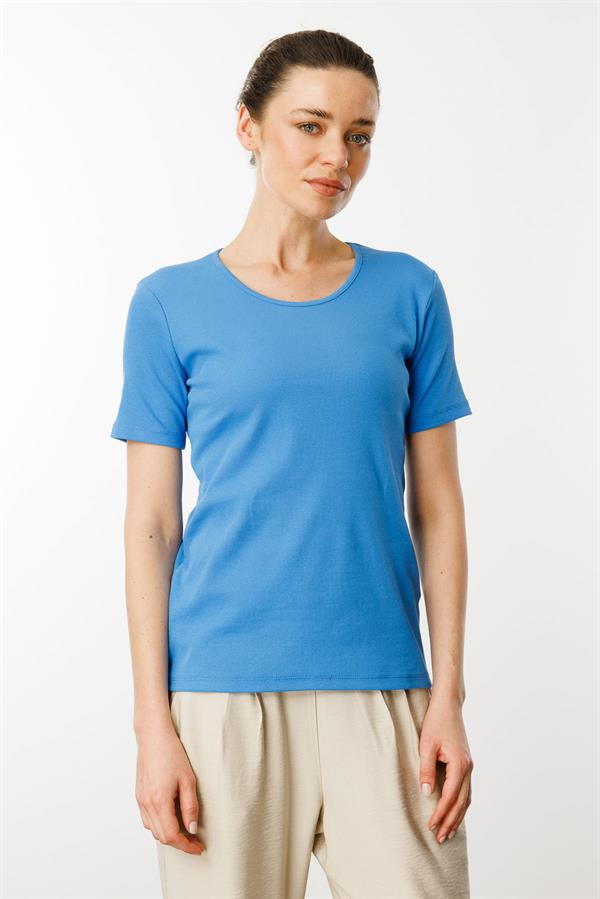 Kadın Sıfır Yaka Kısa Kol Pamuk Kaşkorse T-shirt Mavi