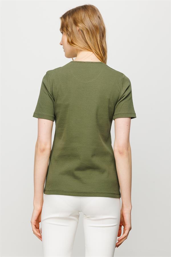 Женская хлопковая облегающая футболка с круглым вырезом и коротким рукавом хаки
