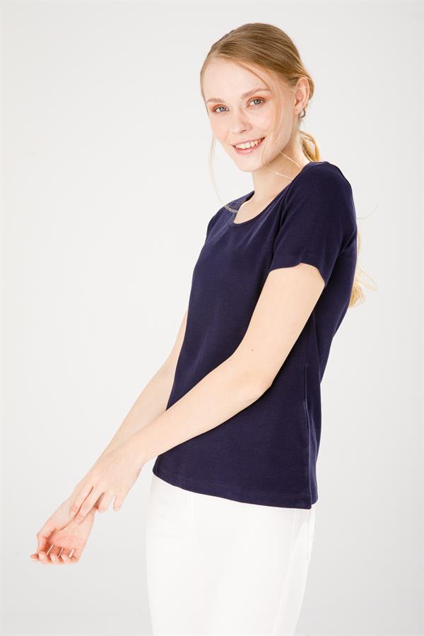 Женская хлопковая облегающая футболка с круглым вырезом и коротким рукавом темно синяя