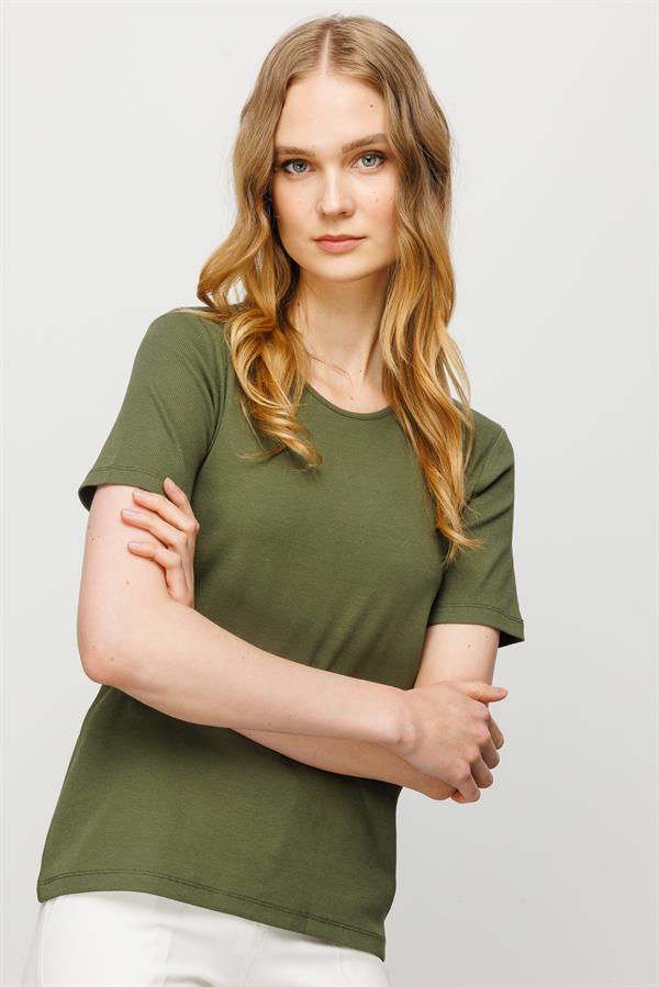 Женская хлопковая облегающая футболка с круглым вырезом и коротким рукавом хаки