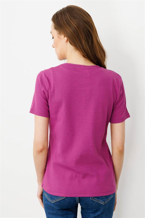 Kadın Sıfır Yaka Kısa Kol Pamuk Kaşkorse T-shirt Sıklamen