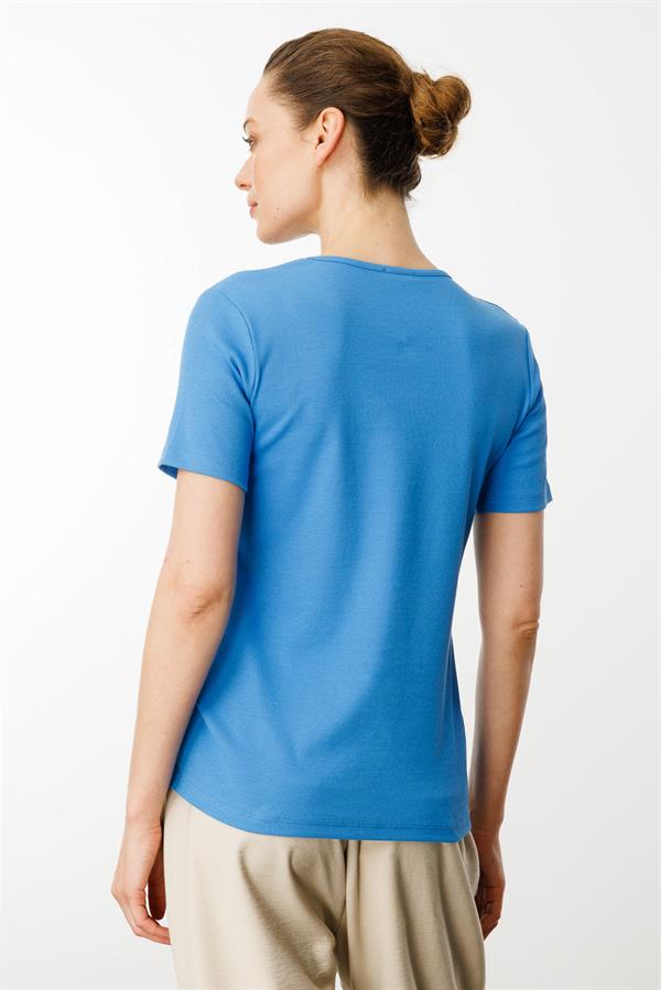 Kadın Sıfır Yaka Kısa Kol Pamuk Kaşkorse T-shirt Mavi
