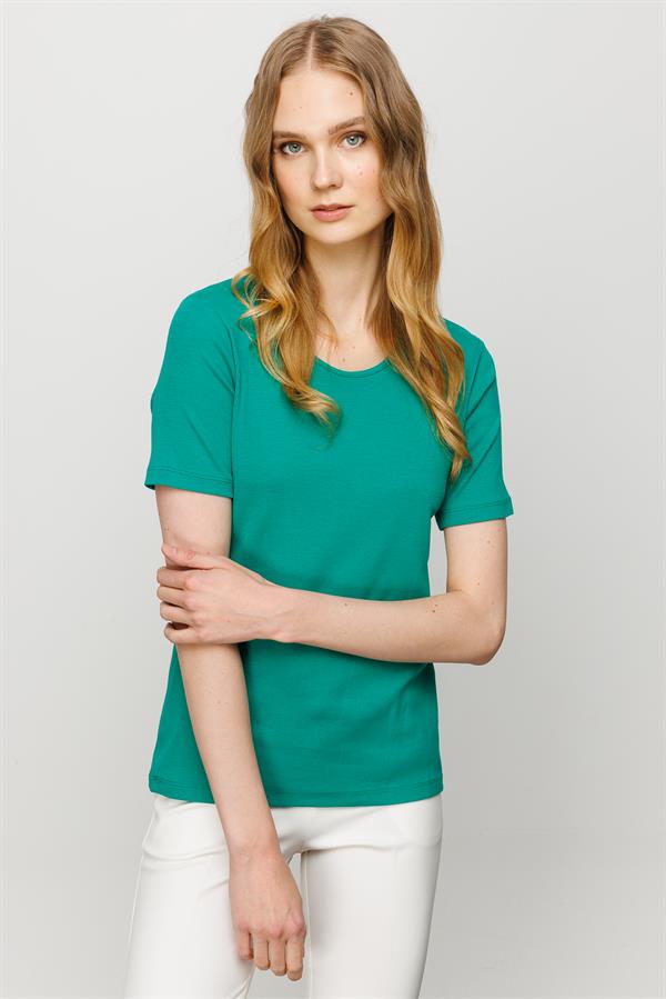 Женская хлопковая облегающая футболка с круглым вырезом и коротким рукавом зеленая