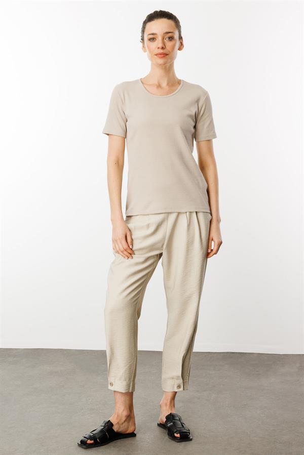 Kadın Sıfır Yaka Kısa Kol Pamuk Kaşkorse T-shirt Bej