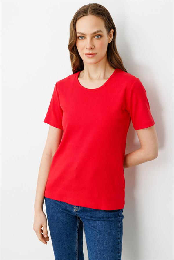 Kadın Sıfır Yaka Kısa Kol Pamuk Kaşkorse T-shirt Kırmızı
