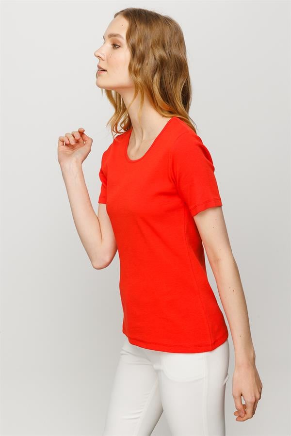 Женская хлопковая облегающая футболка с круглым вырезом и коротким рукавом оранжевая