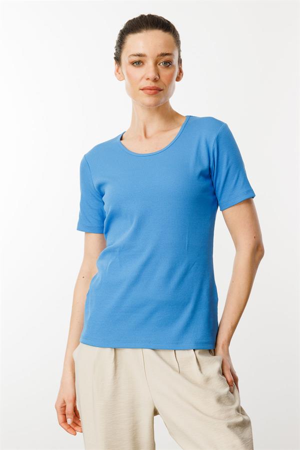 Kadın Sıfır Yaka Kısa Kol Pamuk Kaşkorse T-shirt Mavi