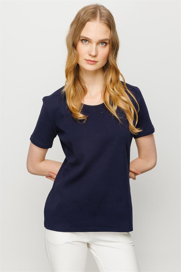 Женская хлопковая облегающая футболка с круглым вырезом и коротким рукавом темно синяя
