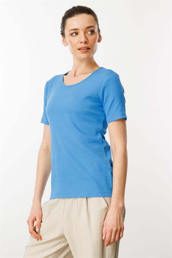 Kadın Sıfır Yaka Kısa Kol Pamuk Kaşkorse T-shirt Mavi