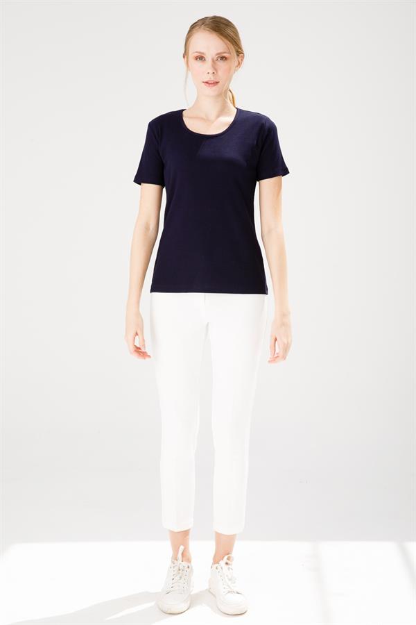 Женская хлопковая облегающая футболка с круглым вырезом и коротким рукавом темно синяя