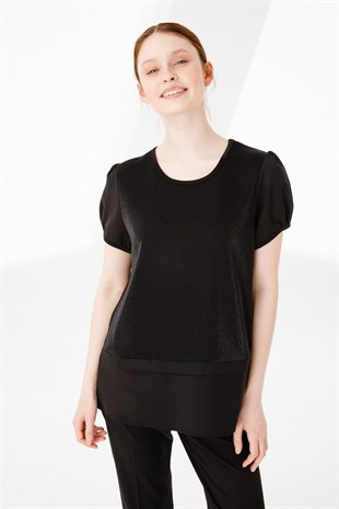 Womens Crew Neck Short Sleeve Shiny Fabric Blouse Black