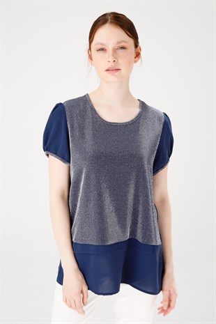 Kadın Sıfır Yaka Kısa Kol Parlak Kumaş Bluz Lacivert