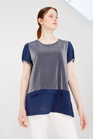 Kadın Sıfır Yaka Kısa Kol Parlak Kumaş Bluz Lacivert