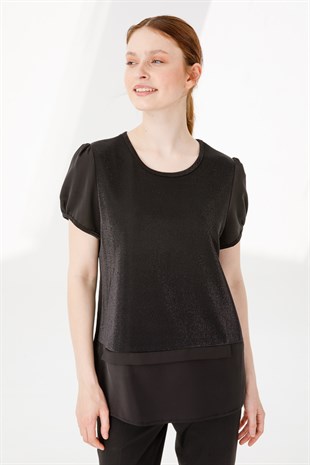 Womens Crew Neck Short Sleeve Shiny Fabric Blouse Black