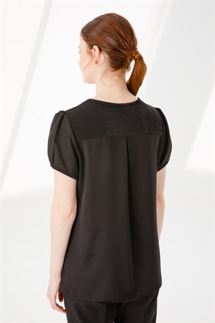 Womens Crew Neck Short Sleeve Shiny Fabric Blouse Black