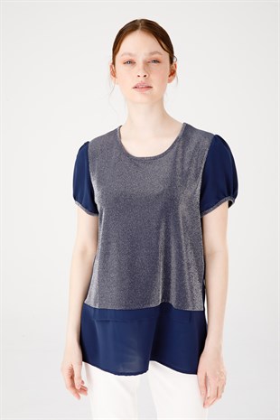 Kadın Sıfır Yaka Kısa Kol Parlak Kumaş Bluz Lacivert