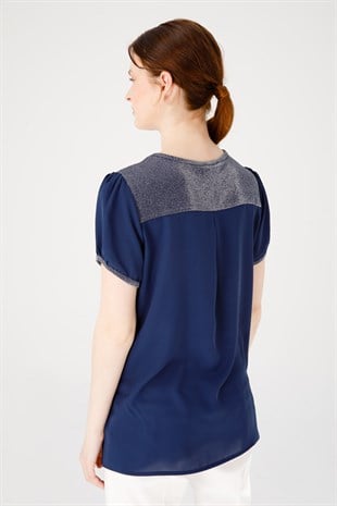 Kadın Sıfır Yaka Kısa Kol Parlak Kumaş Bluz Lacivert