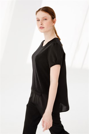 Womens Crew Neck Short Sleeve Shiny Fabric Blouse Black