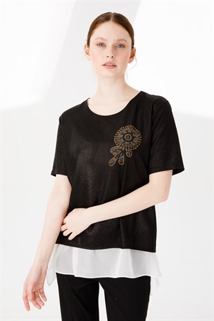 Womens Crew Neck Short Sleeve Chiffon Shiny Fabric Blouse Black